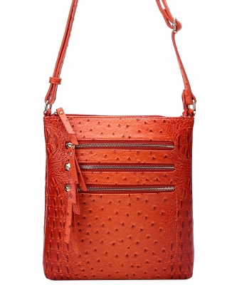 Ostrich Croc Multi Zipper Crossbody Bag OS093 BURNT ORANGE
